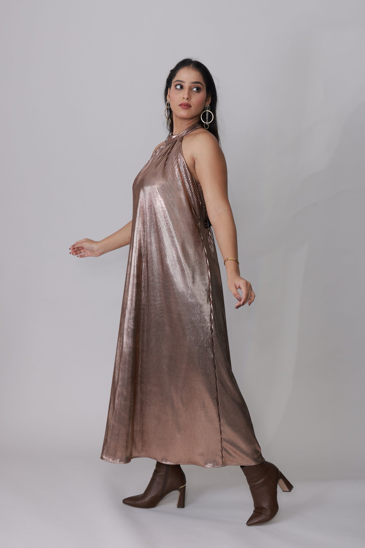 Copper Gleam Pleated Halter Gown - Glimmer's Hue