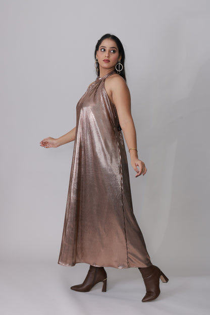 Copper Gleam Pleated Halter Gown - Glimmer's Hue