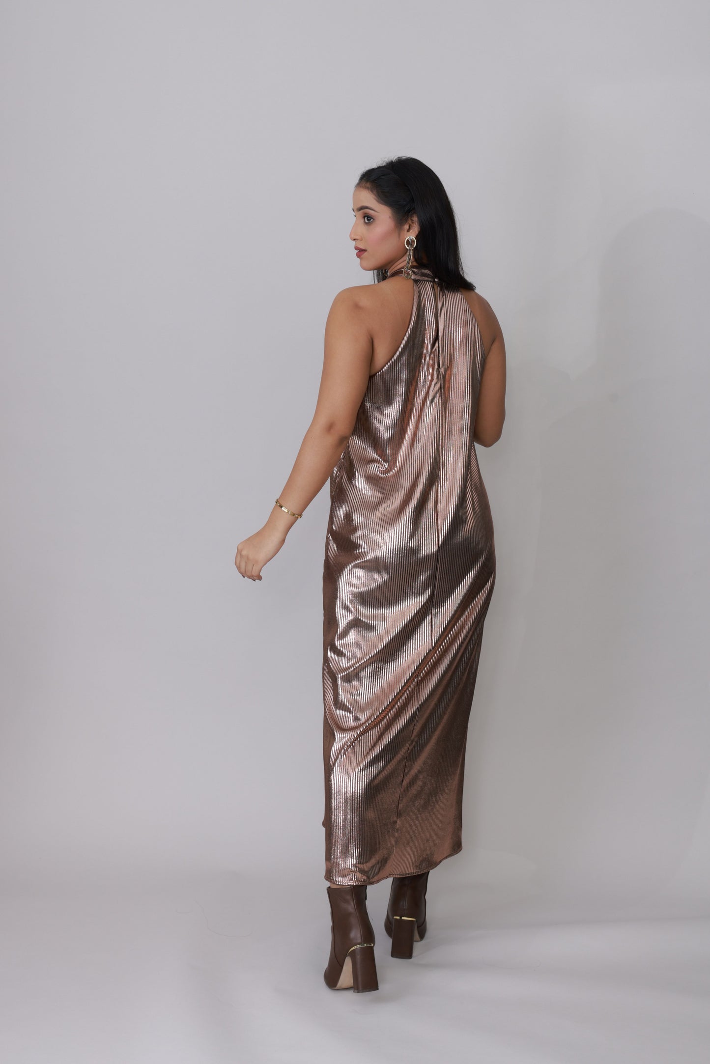 Copper Gleam Pleated Halter Gown - Glimmer's Hue
