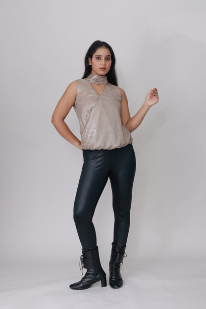 Liquid Foil Halter Top – Champagne Silver
