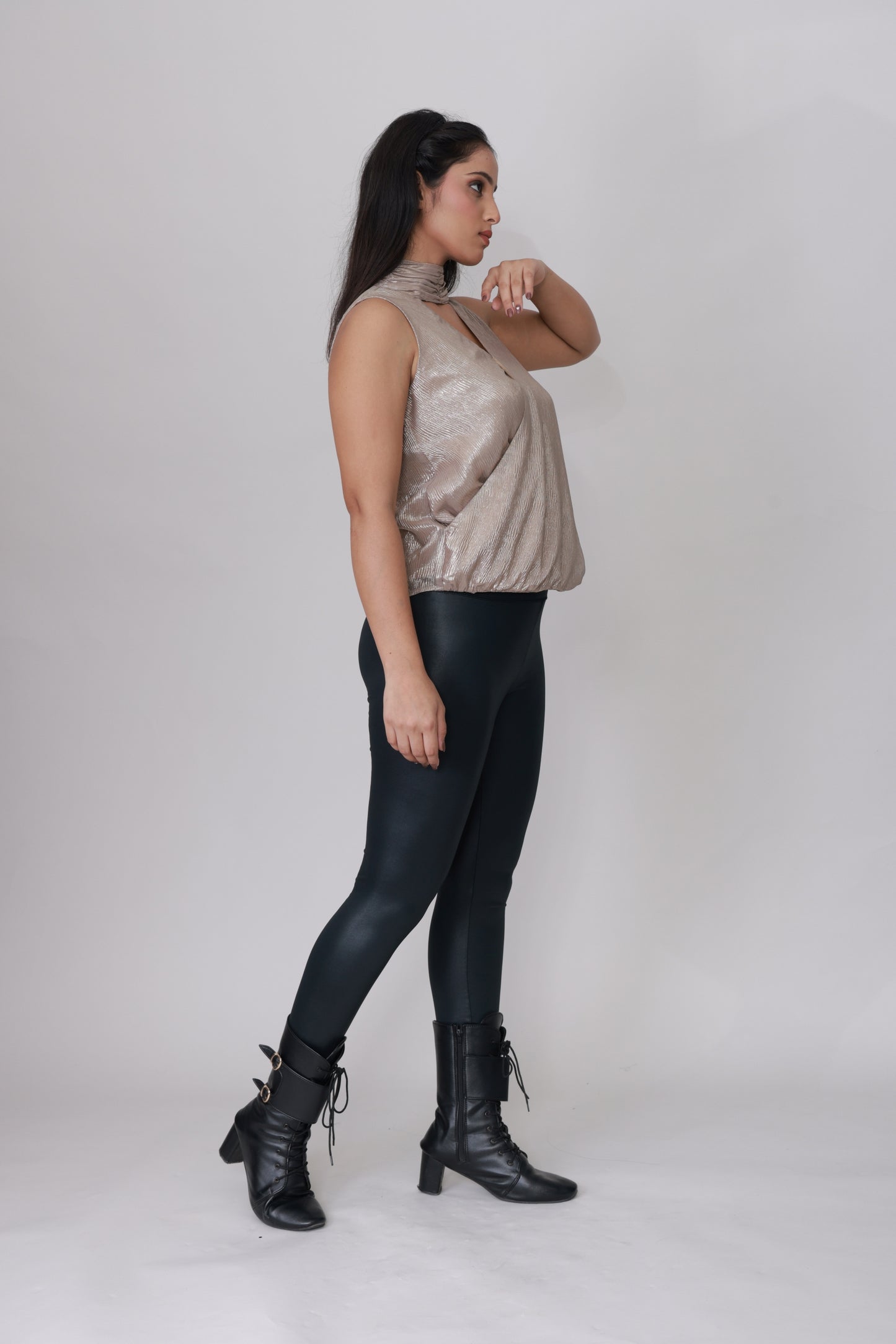 Liquid Foil Halter Top – Champagne Silver