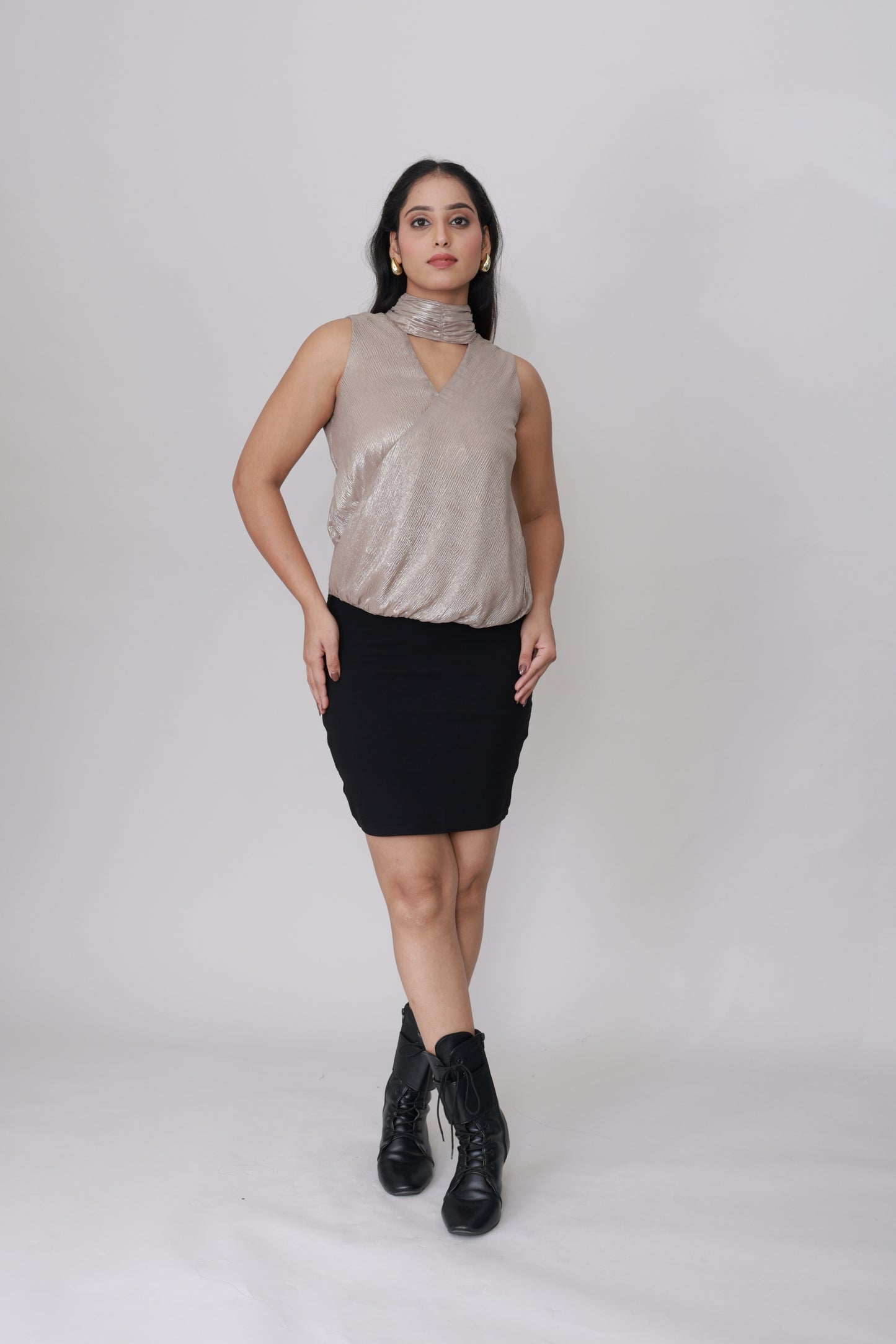 Liquid Foil Halter Top – Champagne Silver