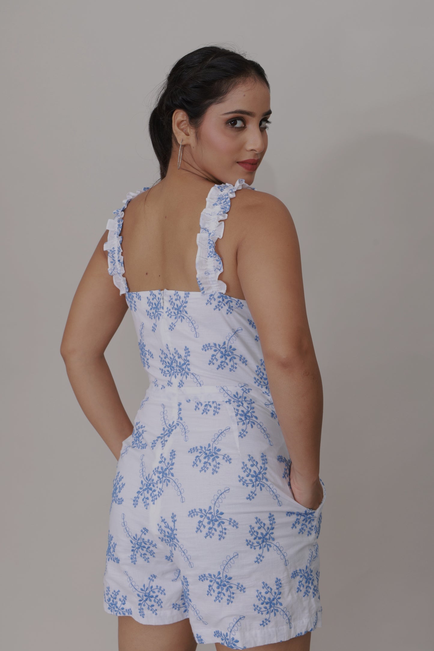 Blue Blossom Ruffle Strap Romper