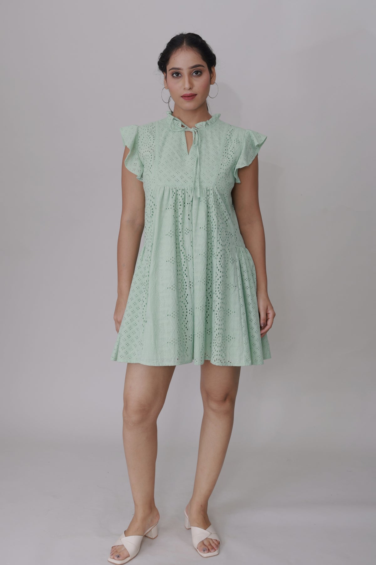 Mint Whispers Cotton Schiffli Dress | Pastel Mint Summer Mini Glimmer's Hue Mint Whispers Cotton Schiffli Dress | Pastel Mint Summer Mini Glimmer's Hue