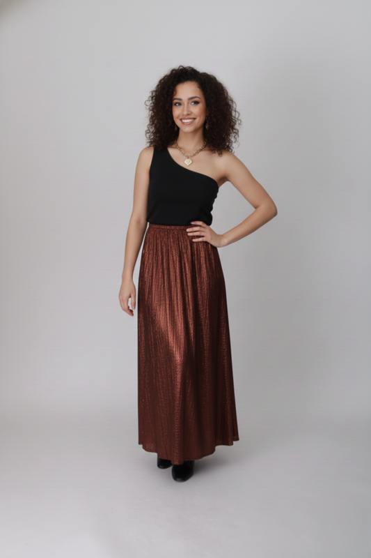 Bronze Eclipse One-Shoulder Maxi Dress – Black & Metallic Copper Pleated Gown - Glimmer's Hue