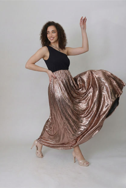 Champagne Glow One-Shoulder Pleated Maxi Dress