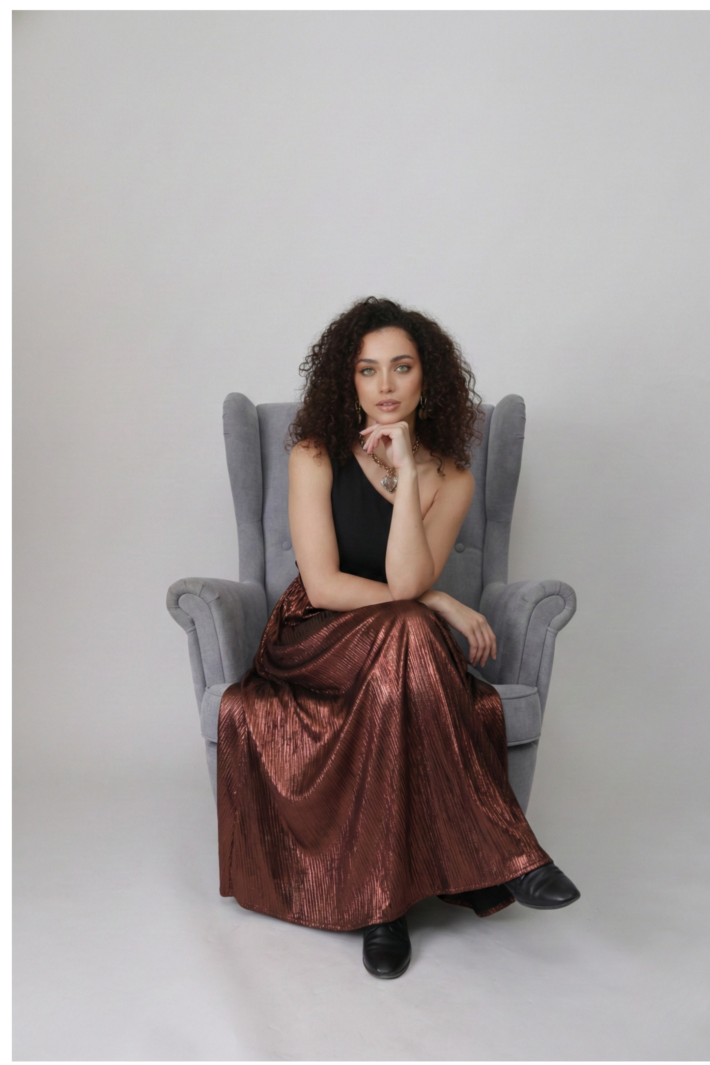 Bronze Eclipse One-Shoulder Maxi Dress – Black & Metallic Copper Pleated Gown - Glimmer's Hue
