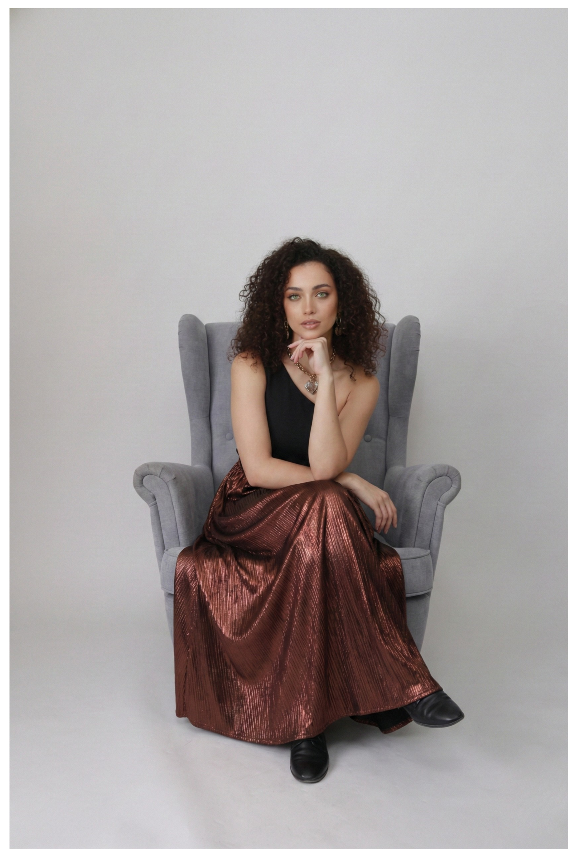 Bronze Eclipse One-Shoulder Maxi Dress – Black & Metallic Copper Pleated Gown - Glimmer's Hue