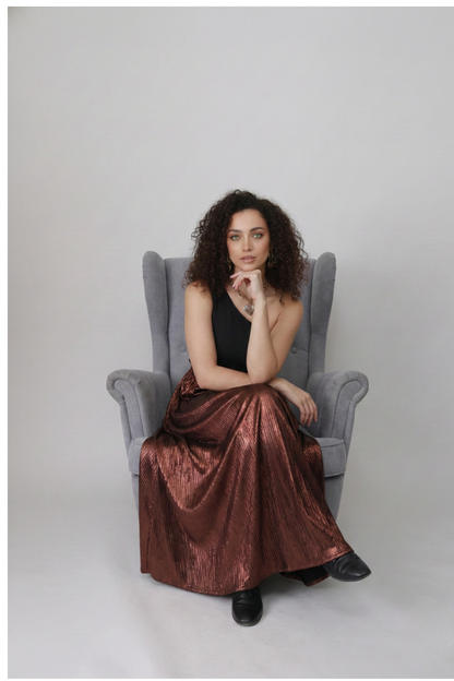 Bronze Eclipse One-Shoulder Maxi Dress – Black & Metallic Copper Pleated Gown - Glimmer's Hue
