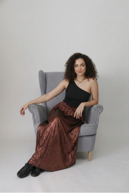Bronze Eclipse One-Shoulder Maxi Dress – Black & Metallic Copper Pleated Gown - Glimmer's Hue