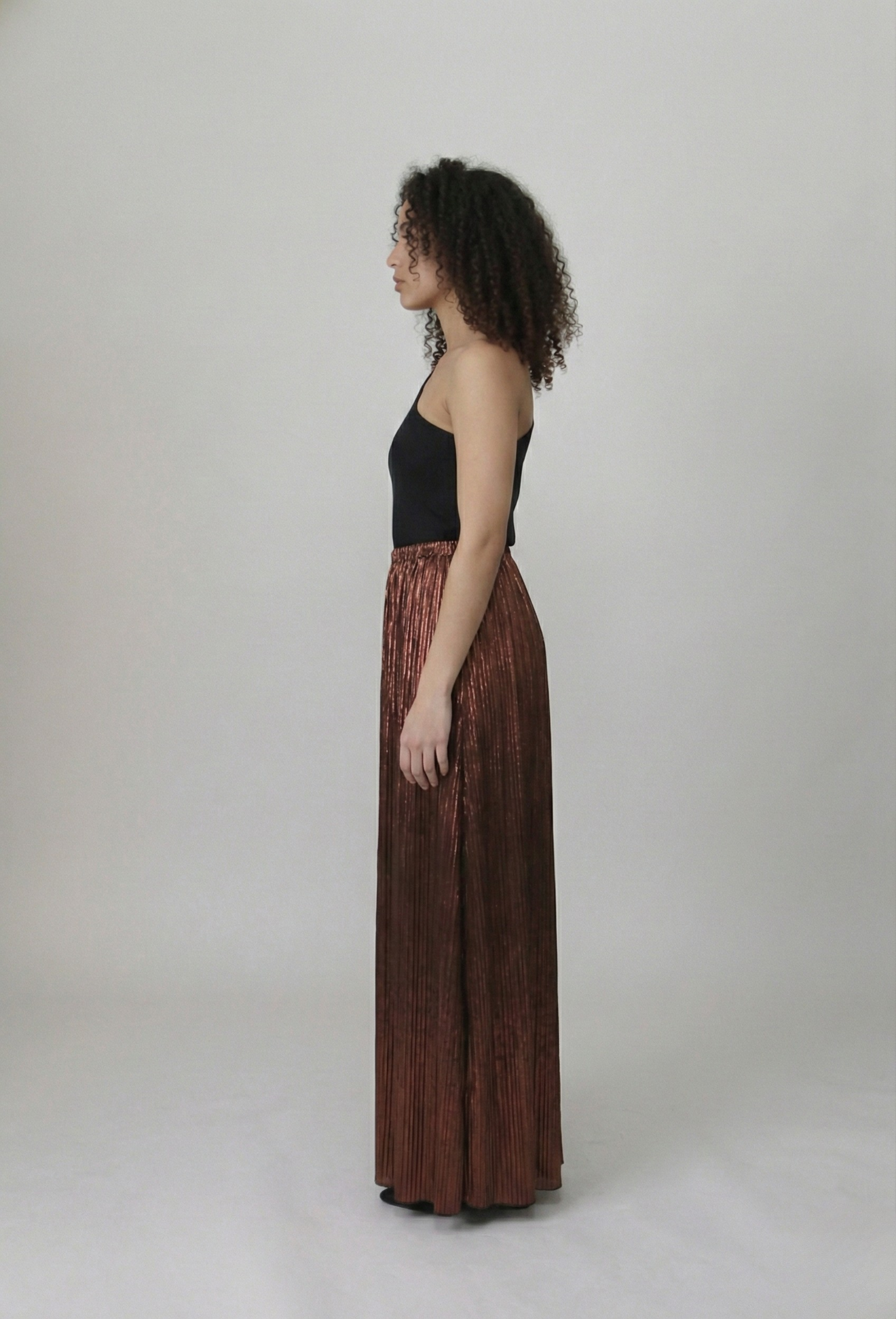 Bronze Eclipse One-Shoulder Maxi Dress – Black & Metallic Copper Pleated Gown - Glimmer's Hue