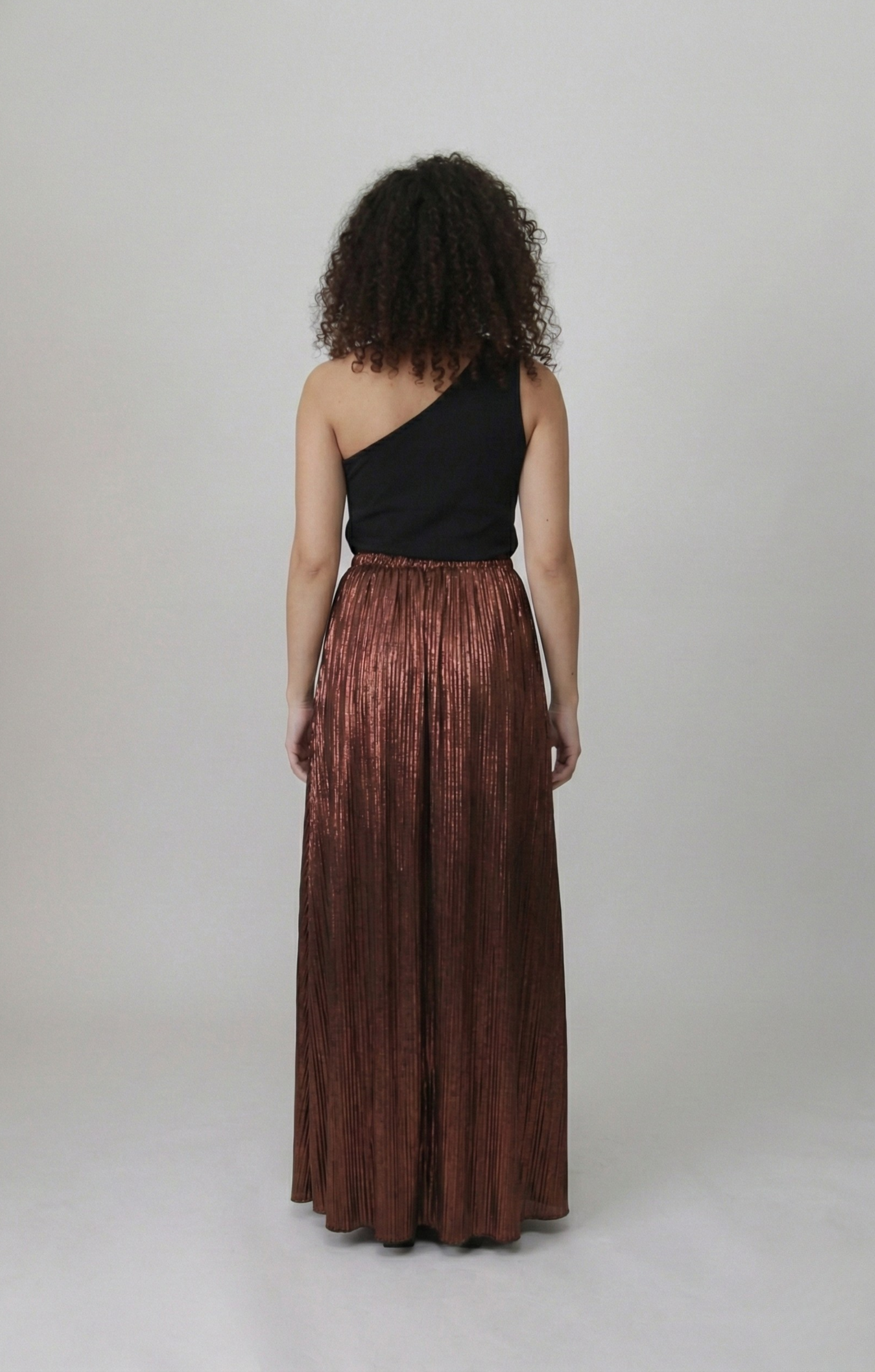 Bronze Eclipse One-Shoulder Maxi Dress – Black & Metallic Copper Pleated Gown - Glimmer's Hue