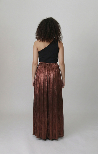 Bronze Eclipse One-Shoulder Maxi Dress – Black & Metallic Copper Pleated Gown - Glimmer's Hue