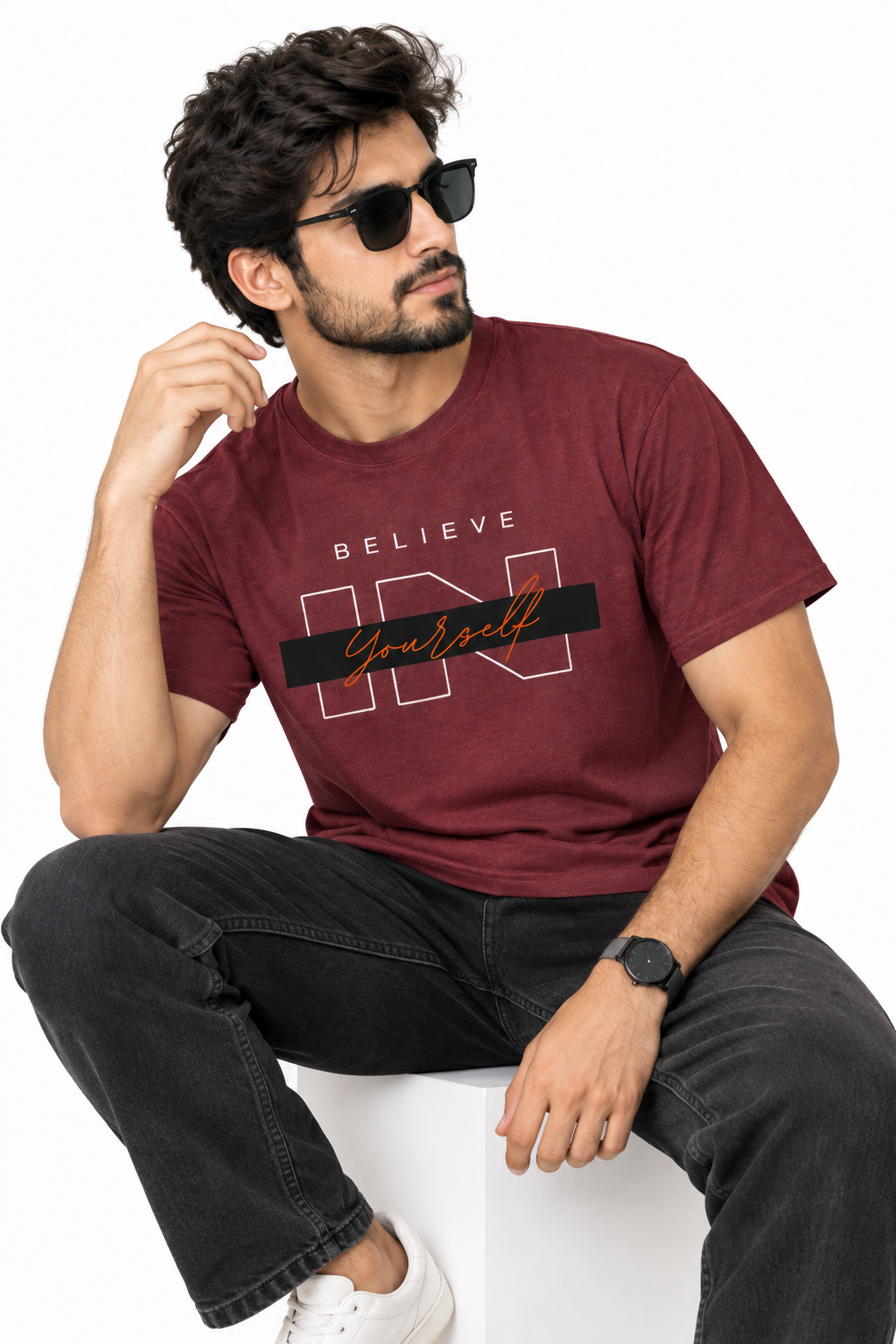 Believe in Yourself RED Maroon Regular Fit Graphic T-Shirt for Men