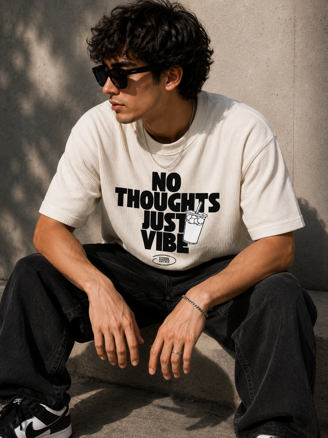 The "No Thoughts Just Vibes" Waffle Boxy Tee – 100% Cotton