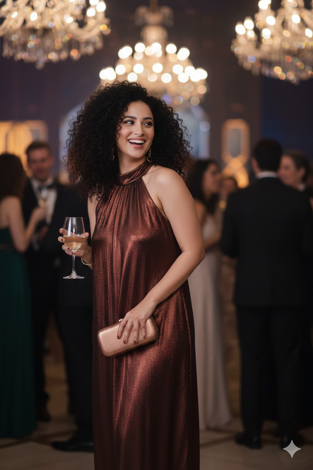 Pleated Copper Halter Column Gown Dress - Glimmer's Hue