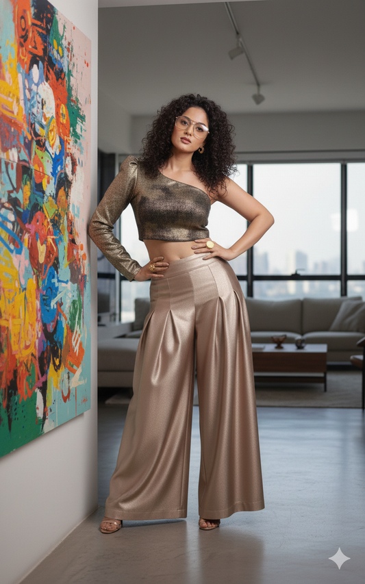 Luxe Asymmetry One-Shoulder Metallic Crop Top - Glimmer's Hue