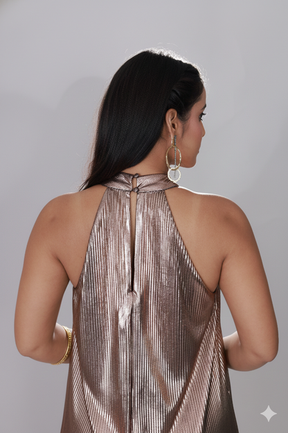 Copper Gleam Pleated Halter Gown - Glimmer's Hue