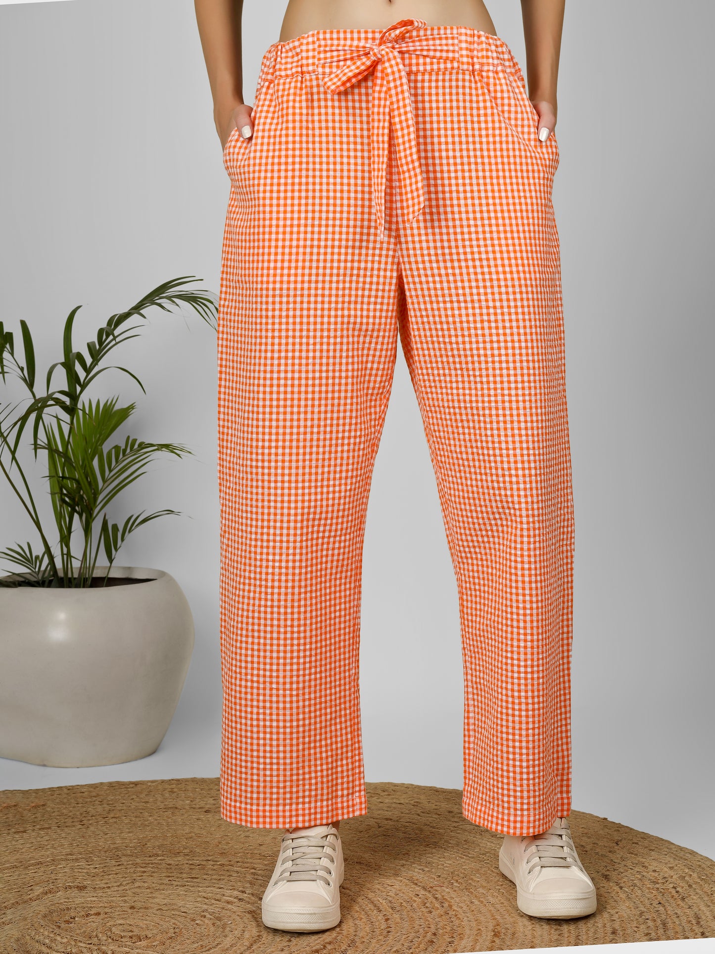 Citrus Grid Easy Pants Orange and White Gingham Check