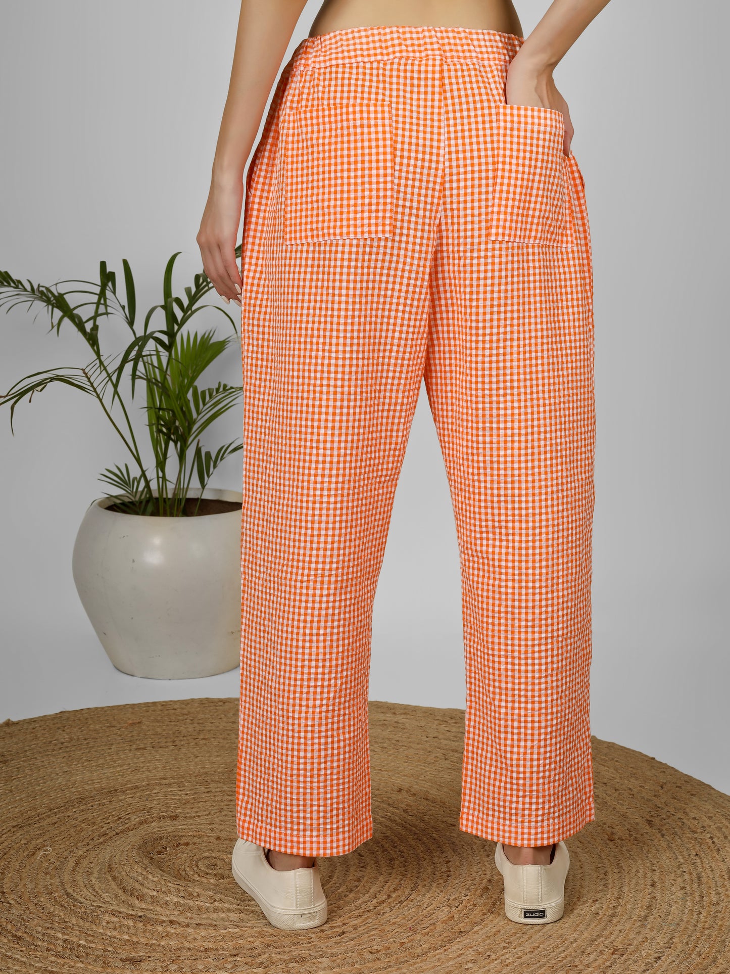 Citrus Grid Easy Pants Orange and White Gingham Check