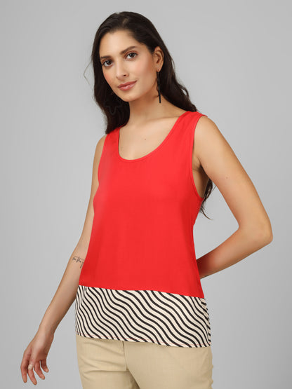 Colorblock Wave-Hem Sleeveless Top | A Modern Splash of Red