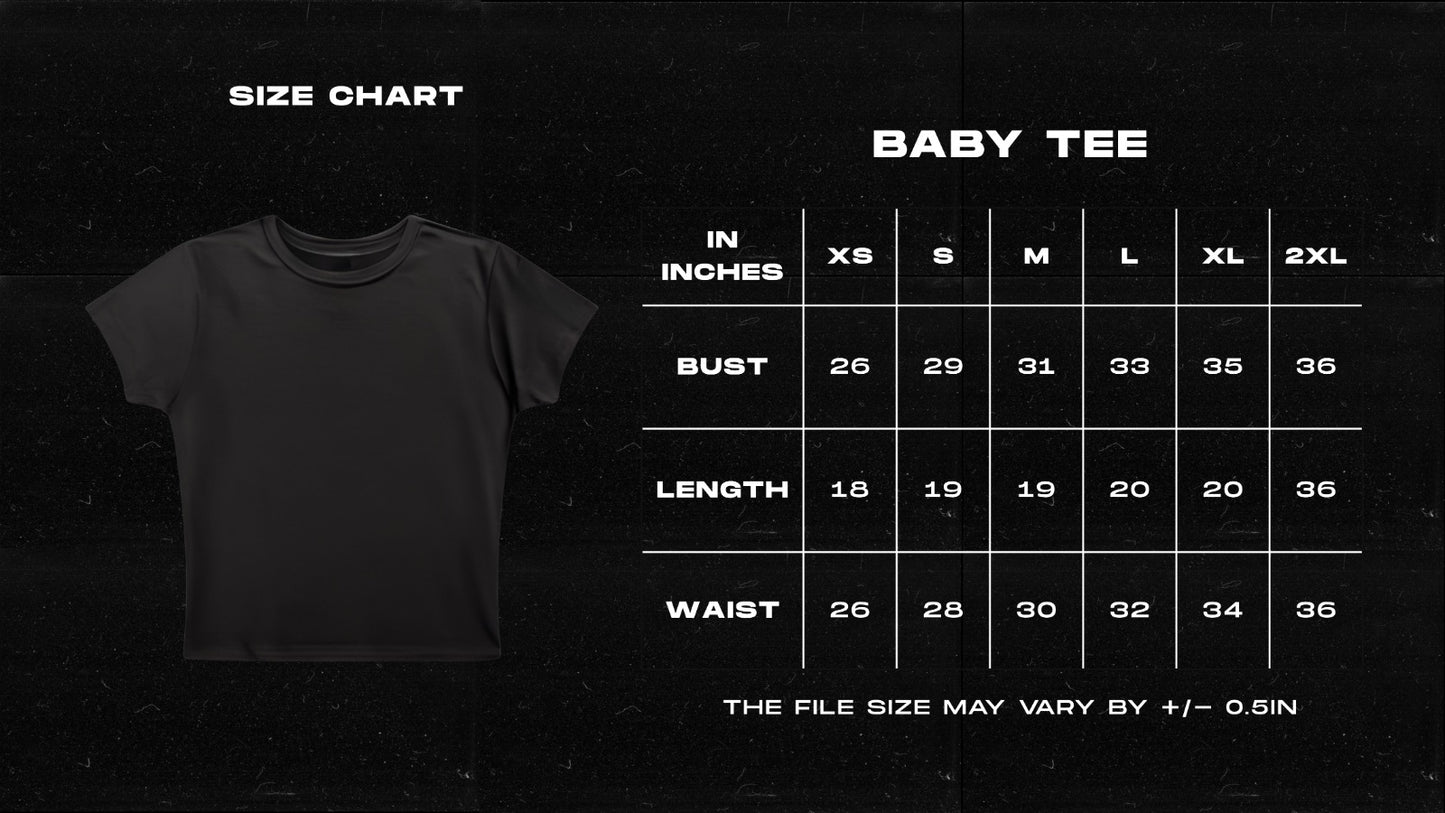 Size chart for baby t-shirts on a black background