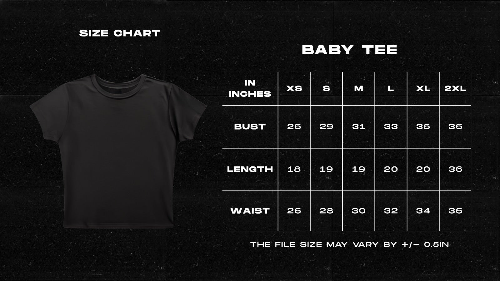 Size chart for baby t-shirts on a black background