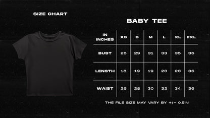 Size chart for baby t-shirts on a black background