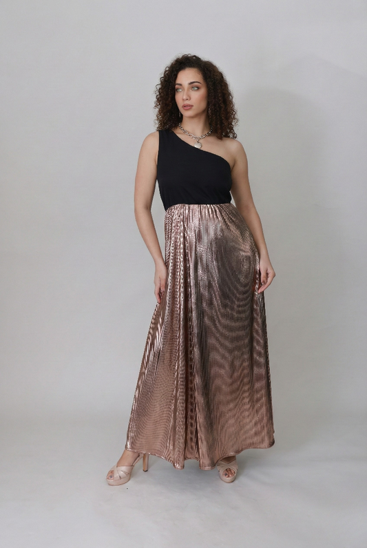 Champagne Glow One-Shoulder Pleated Maxi Dress - Glimmer's Hue